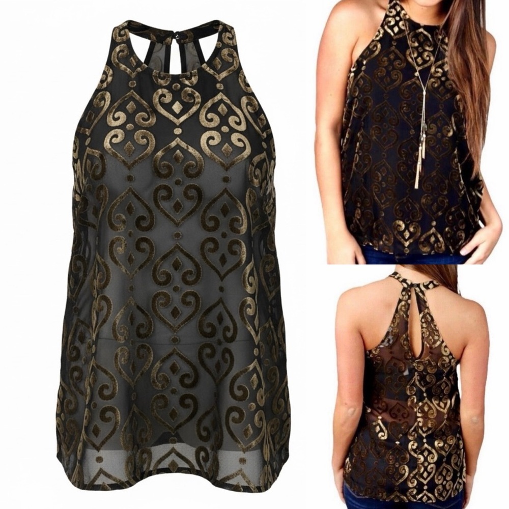 BB Dakota Sheer Tunic Top Size Medium Velour Damask Keyhole Sleeveless BF44161